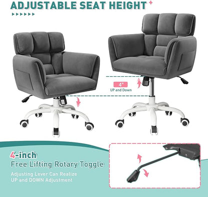 DurayLoly Home Office Chair with Wheels Soft-Touch Material,Modern Cute Vanity Chair with Back Adjustable Height Upholstered Comfy Desk Chairs with Side Pockets for Bedroom,Grey