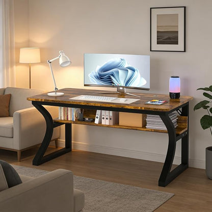 AZN Computer Desk, 55 X 20 inch Computer Desk, Office Desk w/Storage, Large Legroom, Sturdy Metal Frame, Home Office Desks for Gaming Study Writing Work, Waterproof, Scratch-Resistant, Rustic Brown