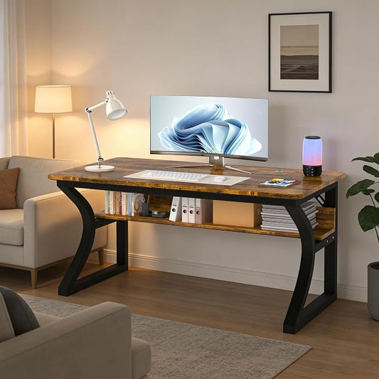 AZN Computer Desk, 55 X 20 inch Computer Desk, Office Desk w/Storage, Large Legroom, Sturdy Metal Frame, Home Office Desks for Gaming Study Writing Work, Waterproof, Scratch-Resistant, Rustic Brown