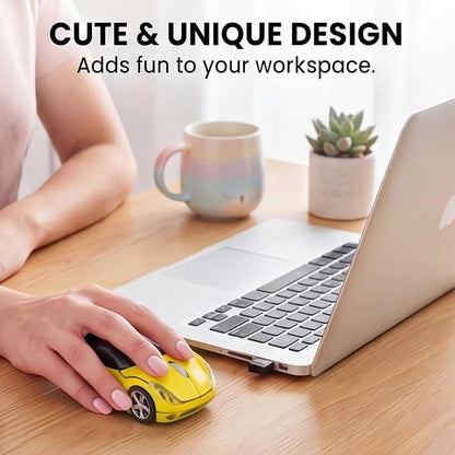 Yellow Wireless Car Mouse, 2.4G with USB Receiver, 1600DPI Optical, Ergonomic Mini Computer Mouse, for Laptop, PC, Tablet, Windows, Mac OS