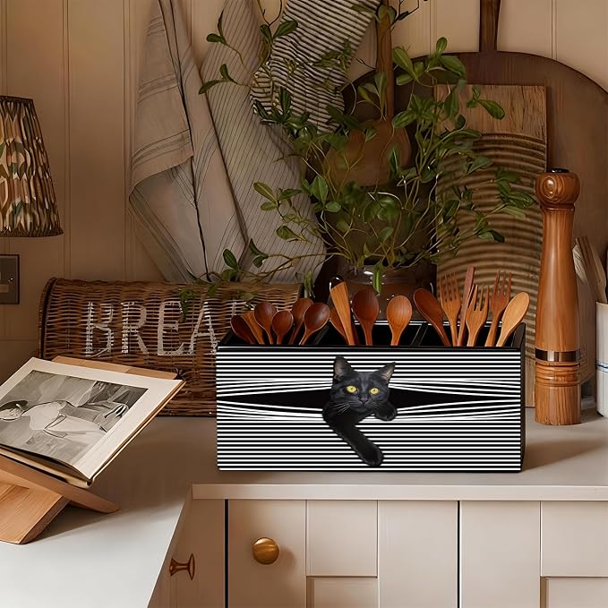 Funny Black Cat Pen Pencil Holder for Desk, Black Cat Mom Lady Lovers Gifts for Women, Pet Lover Gifts Wooden Box Sign Decorations for Home Office Desk Tabletop