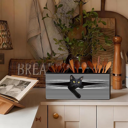 Funny Black Cat Pen Pencil Holder for Desk, Black Cat Mom Lady Lovers Gifts for Women, Pet Lover Gifts Wooden Box Sign Decorations for Home Office Desk Tabletop