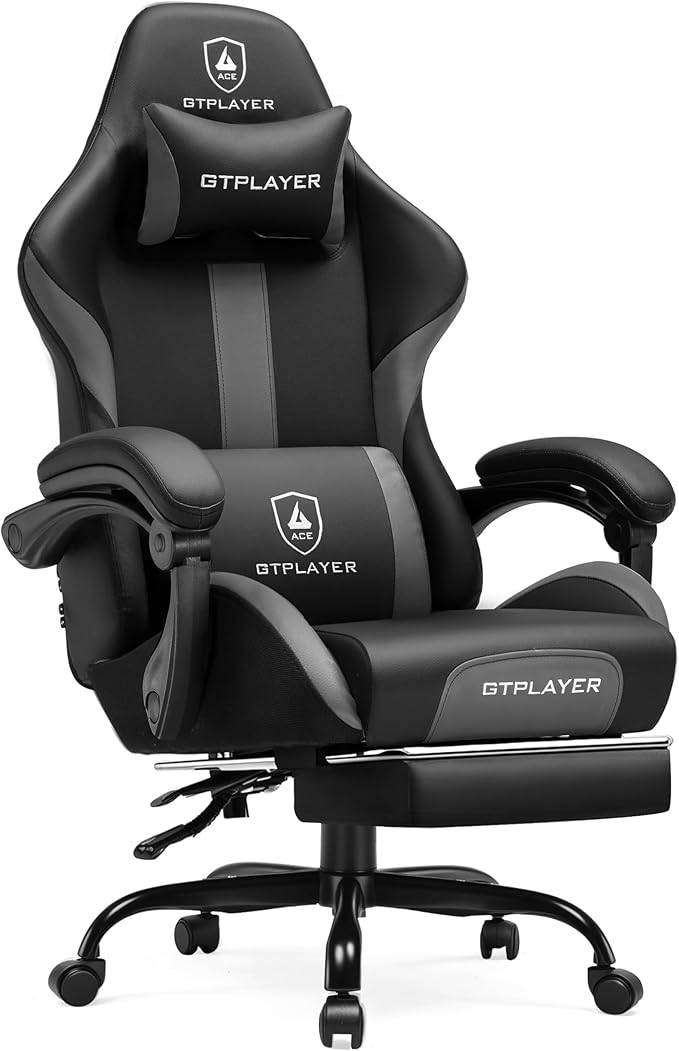 GTPLAYER Gaming Chair with Pocket Spring Cushion, Leather Office Chair with Ergonomic High Back & Lumbar Support for Back Pain Relief, Computer Game Chair for Adults, Gray