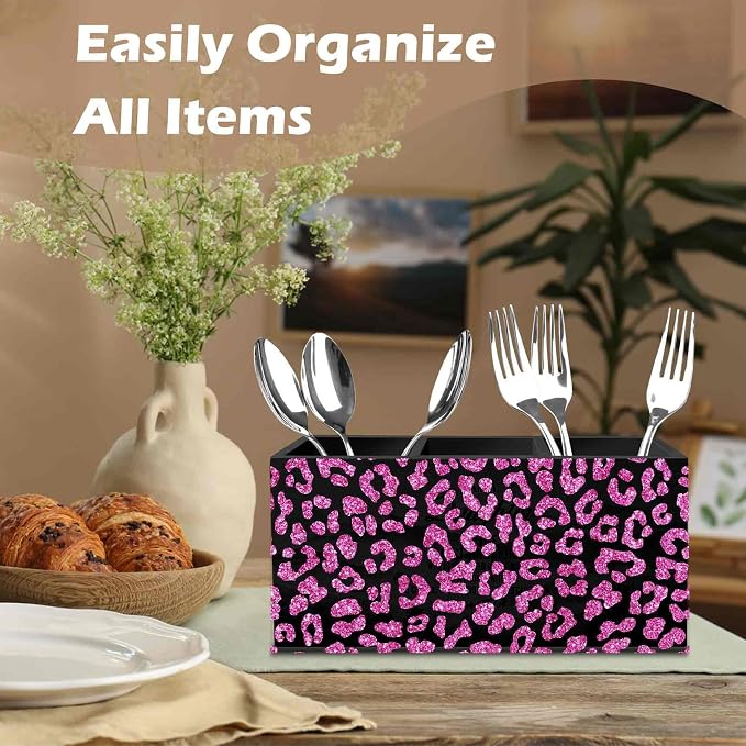 DILSJ Pink Cheetah Print Office Supplies Pen Pencil Holder Organizer for Desk, Coquette Room Decor, Preppy Leopard Black Wooden Box Signs for Women Home Office Desk Tabletop Decoration