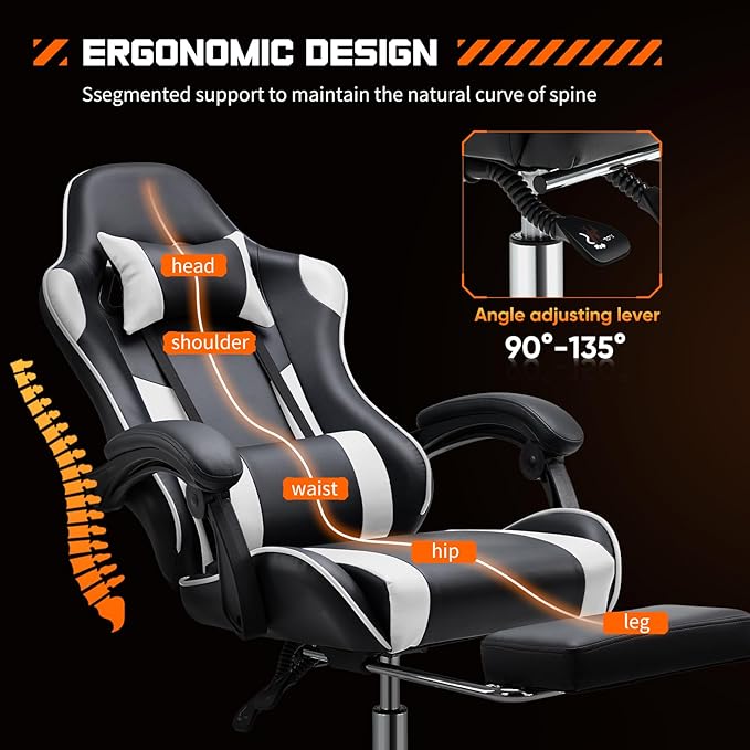 Sweetcrispy Computer Gaming Chair: Ergonomic High Back PU Leather Video Racing Chair with Adjustable Headrest & Footrest, Linkage Armrest, for Office and Home, White