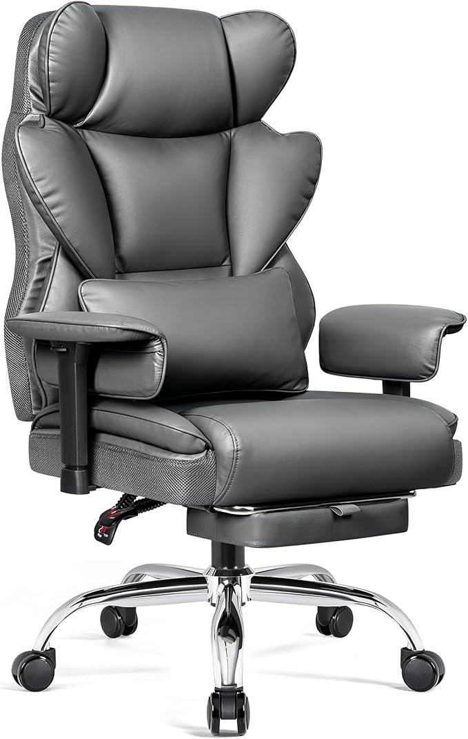 BESTFAIR Big and Tall Office Chair - High Back Executive Chair with Footrest & Lumbar Support for Heavy People, Adjustable Arms, Padded Wide Seat Computer Gaming Chair, Heavy Duty, Gray