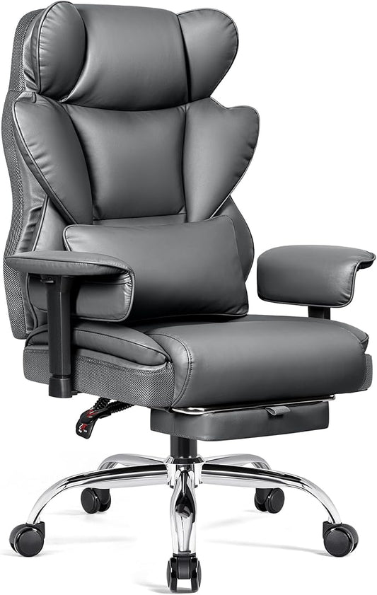 BESTFAIR Big and Tall Office Chair - High Back Executive Chair with Footrest & Lumbar Support for Heavy People, Adjustable Arms, Padded Wide Seat Computer Gaming Chair, Heavy Duty, Gray