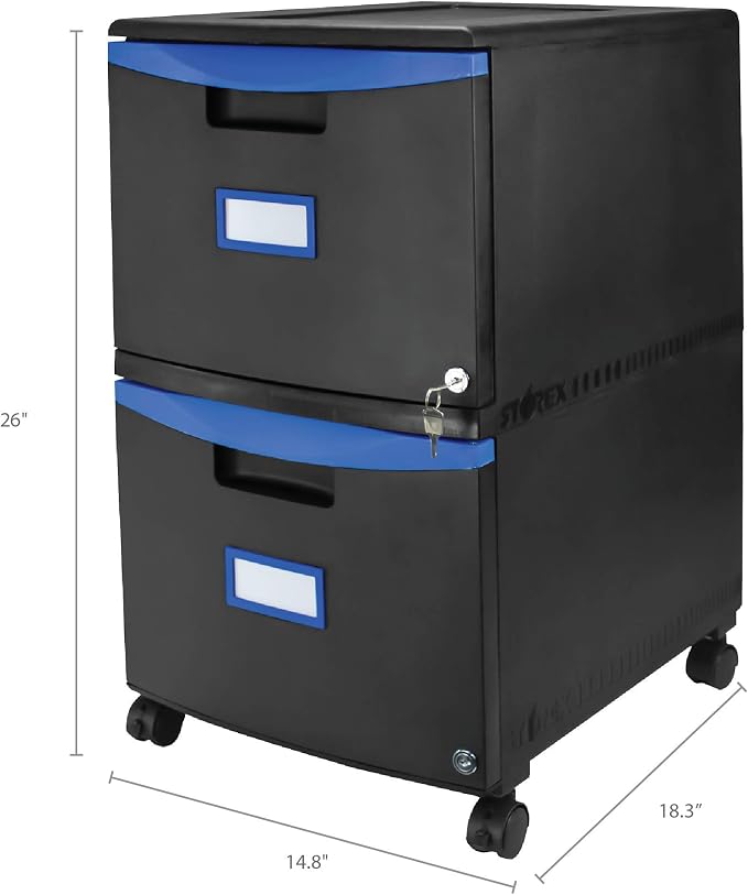 Storex Plastic Two-Drawer Mobile Pedestal File Cabinet – Locking Document Organizer with Casters for Home and Office, Black, 1-Pack (61314C01C)