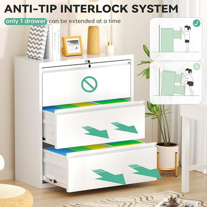 Bonusall 3 Drawer Lateral File Cabinet with Lock, Locking Metal lateral Filing Cabinet for Office Steel lateral File Cabinet, Large Horizontal File Cabinet Locked by Keys-White