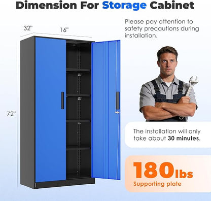 INTERGREAT Storage Cabinet with Doors and Shelves, Metal Garage Storage Cabinets with Lock, Black Lockable Steel Supply Cabinet for Home Office, Warehouse (Black Blue)