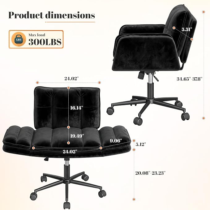 DurayLoly Criss Cross Chair with Wheels, Fluffy Vanity Chair with 5-Gear Flip Armrests, Cross Legged Swivel Seat for Bedroom, Makeup Vanity, Home Office, Dorm, Black