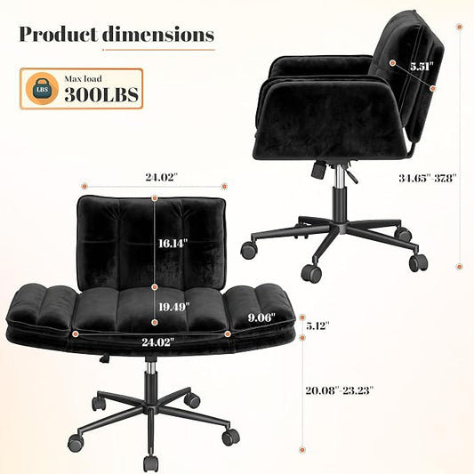 DurayLoly Criss Cross Chair with Wheels, Fluffy Vanity Chair with 5-Gear Flip Armrests, Cross Legged Swivel Seat for Bedroom, Makeup Vanity, Home Office, Dorm, Black