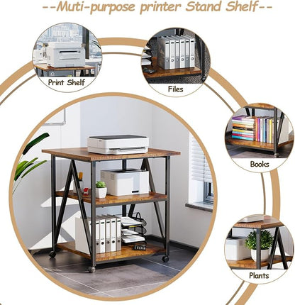 Arbuxzuy 3-Tier Printer Stand, Large Printer Table with Storage, Industrial Printer Storage Cart with Wheels, Rolling Printer Stand for Heat Press Scanner Fax, Brown
