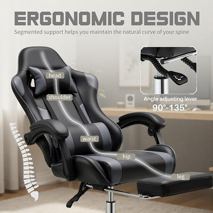 DUMOS Ergonomic Gaming Office Desk Chair with Footrest and Headrest for Adults, PU Leather Video Computer Chair with Linkage Armrests, Height Adjustable 360° Swivel Recling, Black Grey