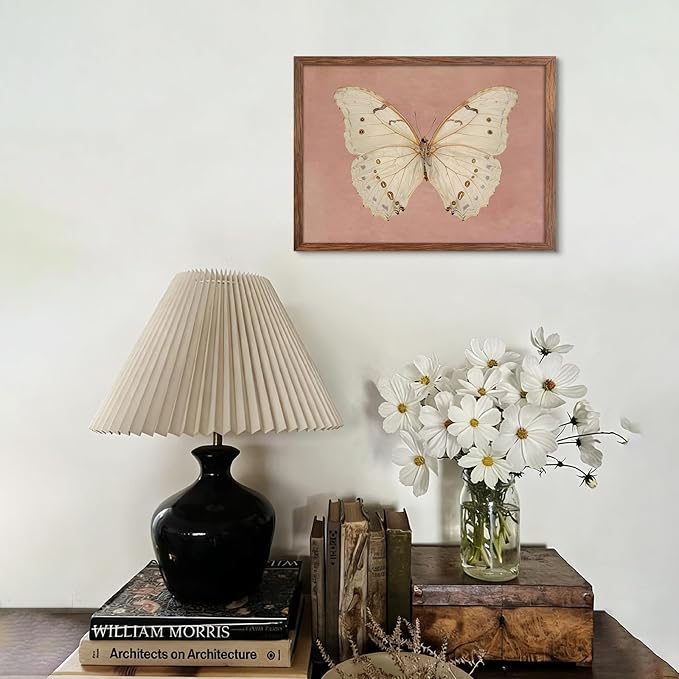 Vintage Butterfly Canvas Wall Art, Pink Butterfly Wall Decor Pictures, Antique White Moth Prints Paintings Neutral Insect Room Decor Aesthetic for Bedroom Bathroom Office 12x16 Inch Wood Frame