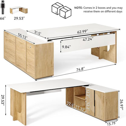 LITTLE TREE 74-Inch Executive L-Shaped Desk with Storage Cabinet & Shelves, Large Home Office Computer Desk, Modern Business Workstation for Professionals (Oak & White)