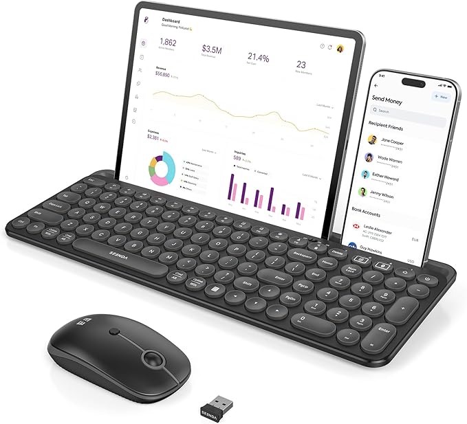 seenda Bluetooth Keyboard and Mouse for iPad, CTU-301 Wireless Multi-Device Connection Bluetooth+2.4G Keyboard Mouse Combo with Tablet Holder for iPad/MacBook/Windows, iOS/Android/Phone, Black