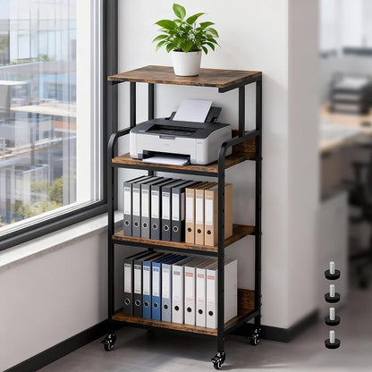 Rustic Brown 4 Tier Adjustable Mobile Printer Stand Rolling Cart | Tall space saving design for small home office holds scanner cricut heat press fax machine and various desktop equipment