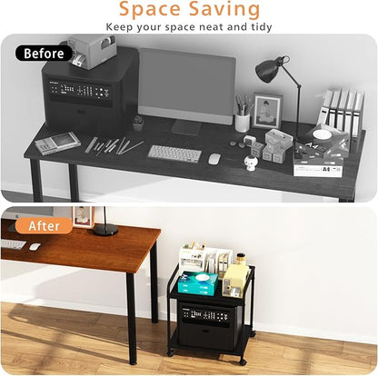 21"x15.8" Large Printer Stand with Storage, 2-Tier Under Desk Printer Table, Rolling Printer Cart with Lockable Wheels for Home, Office (Black)