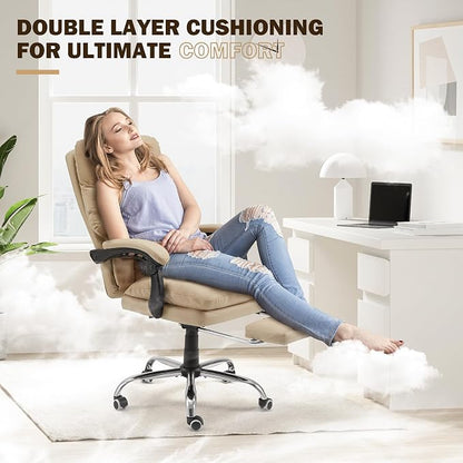 HOMREST Ergonomic Office Chair, Khaki | 6-Point Massage & Heating, Adjustable Executive Design, Retractable Footrest, Dual-Layer Soft Cushion, PU Leather