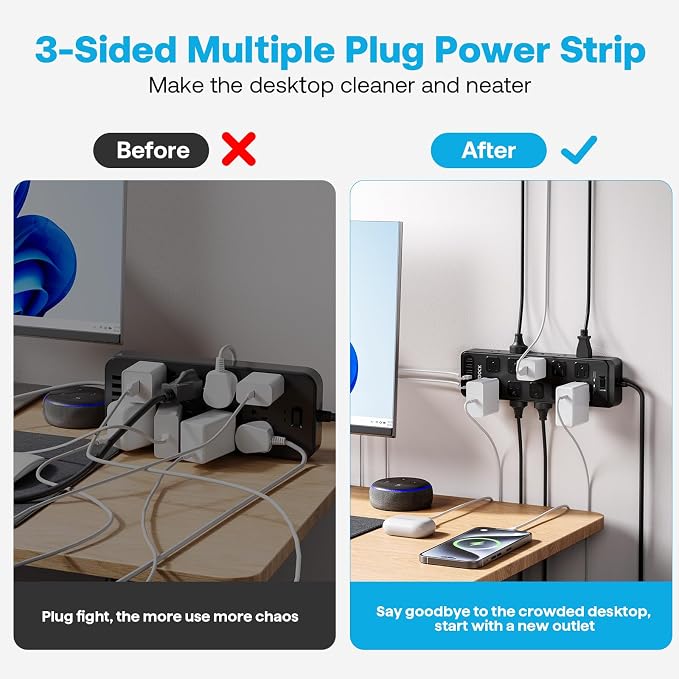 20AC Power Strip with USB Ports, Heavy Duty Surge Protector Power Strip 15 Amp, 6Ft Extension Cord with Multiple Outlets