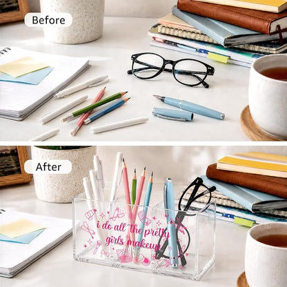 3 Compartment Acrylic Makeup Organizer Box, “I Do All The Pretty Girls Makeup” Pink Cosmetic Storage, Cute Desk Organizer for Brushes, Lipstick, Beauty Tools, Office Gifts for Coworker Women