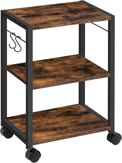 MAHANCRIS Printer Stand, 3-Tier Under Desk Rolling Cart with Storage Shelf, Heavy Duty Printer Table with Wheels for Home and Office, Printer Shelf with 2 Hooks, Small Spaces, Rustic Brown PTHR4001Z