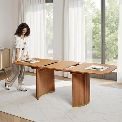 HULALA HOME 60"-80.75" Extendable Dining Table, Solid Wood Kitchen Table with Removable Leaves, Fluted Base, Mid-Century Modern Home Office Desk for Dining Living Study Room-Teak