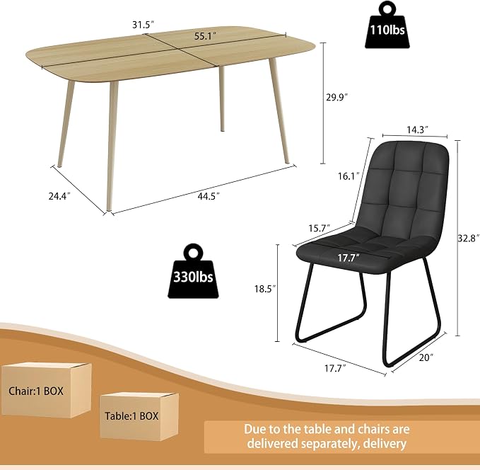 HIPIHOM 47.2" Modern Dining Table Set for 4, Wood Table with 4 Black Leather Chairs, Stylish Kitchen & Dining Room Furniture, Space-Saving Table and Chairs Set
