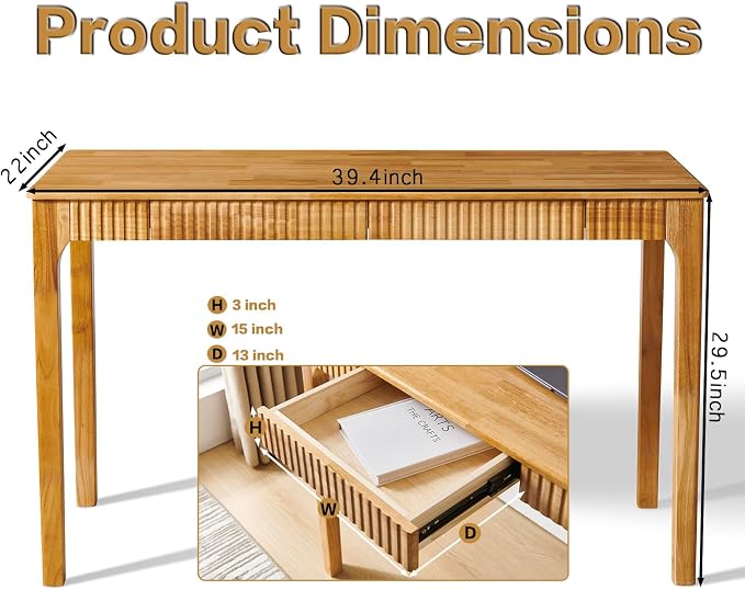 Solid Wood Desk with Drawers, Light Wood Desk for Small Spaces, Small Writing Desk for Bedroom, Gaming Study Home Office Wooden Desks for Work, 39 inch Wood Computer Desk