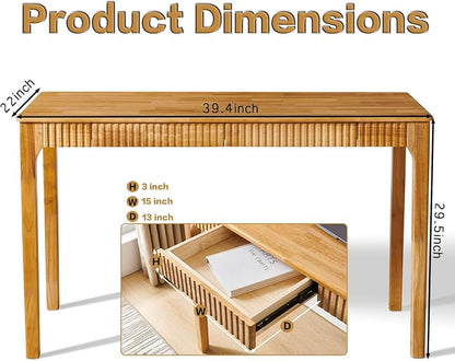 Solid Wood Desk with Drawers, Light Wood Desk for Small Spaces, Small Writing Desk for Bedroom, Gaming Study Home Office Wooden Desks for Work, 39 inch Wood Computer Desk