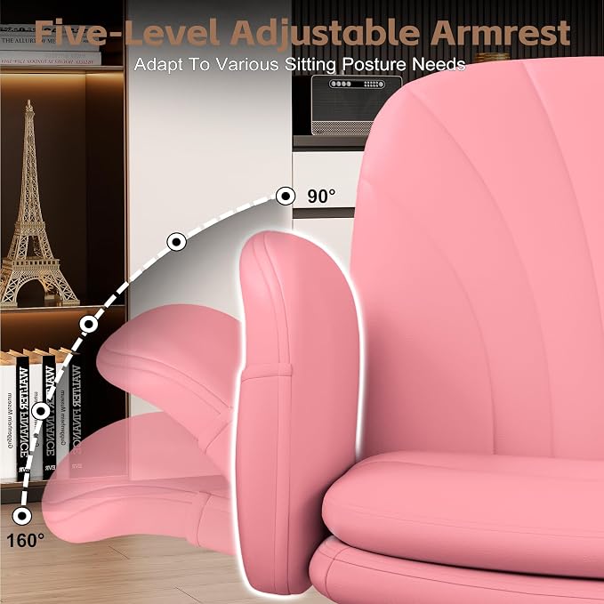 Vonesse Criss Cross Office Chair with Wheels & Armrests, Height Adjustable Vanity Chair, Makeup Chairs with Side Pockets Design, Comfortable Computer Desk Chairs for Home (PU Leather,Pink)