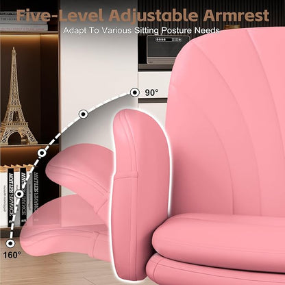 Vonesse Criss Cross Office Chair with Wheels & Armrests, Height Adjustable Vanity Chair, Makeup Chairs with Side Pockets Design, Comfortable Computer Desk Chairs for Home (PU Leather,Pink)