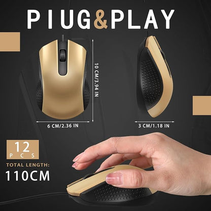 Hoteam 12 Pcs Gold Wired Computer Mouse Bulk Cord USB Computer Mice Ergonomic Wired Mouse for Pcs, Computers, Laptops, Gaming Office Home Supplies