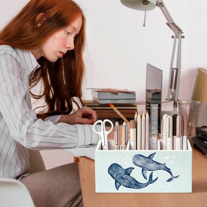 Blue Whale Shark Beach Pen Pencil Holder for Desk, Whale Shark Gifts, Beach Office Decor, Coastal Ocean Marine Biology Wooden Box Sign Decorations for Home Office Desk Tabletop