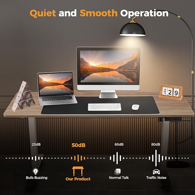 Standing Desk Adjustable Height, 48'' x 24'' Electric Sit Stand Desk for Home Office, Modern Rising Sturdy Ergonomic Workstation with Hooks and Wheels, Oak Grey