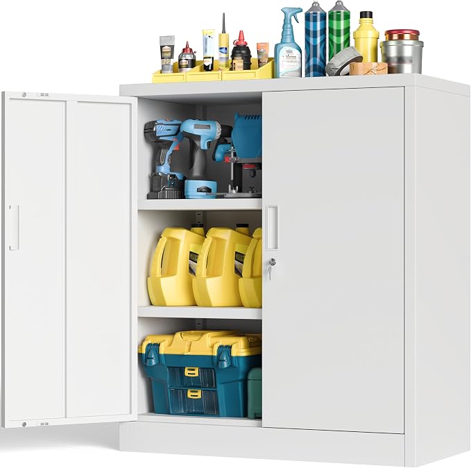 BESFUR Metal Storage Cabinet with Lock and 2 Adjustable Shelves, 36" H Lockable Storage Cabinet for Home, Office, Garage, Utility Room and Basement(White)