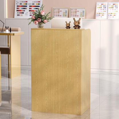 OmySalon Reception Desk with Counter, Small Front Checkout Desk w/Lockable Drawer, Wooden Modern Reception Table for Salon Lobby Office Home (Original Wood, 24)