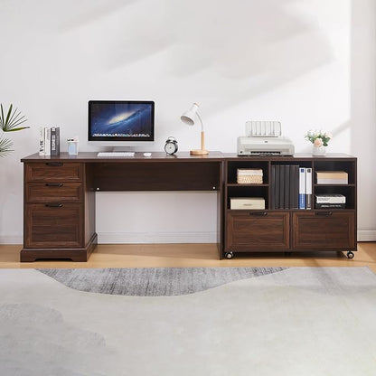 60" Farmhouse Executive Desk and 40" Mobile File Cabinet Combination,L Shaped Executive Desk with Charging Station,Home Office Desk for Office Work,Home Study (Walnut)