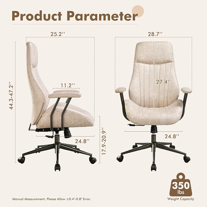 High Back Home Office Chair,Mid Century Modren Ergonomic Executive Chair,Lumbar Support Swivel Task Chair with Wheels,Computer Desk Chair Suede Fabric,350LBS (Beige)