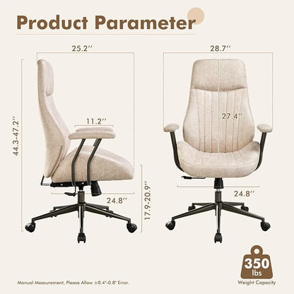 High Back Home Office Chair,Mid Century Modren Ergonomic Executive Chair,Lumbar Support Swivel Task Chair with Wheels,Computer Desk Chair Suede Fabric,350LBS (Beige)