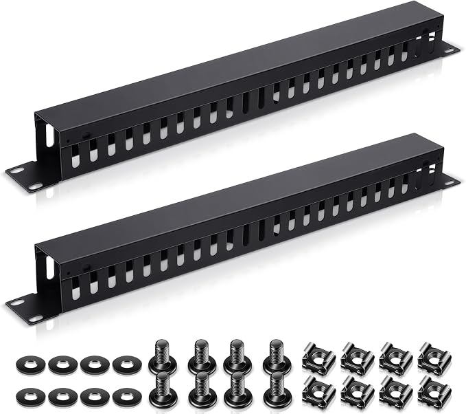 Leinuosen 2 Pack 1U 19'' Cable Manager 24 Slot Horizontal Rack Mount Wire Management Server Rack Cable Management Metal Finger Duct Wire Organizer with Cover and Mounting Screws for Network Cabinet