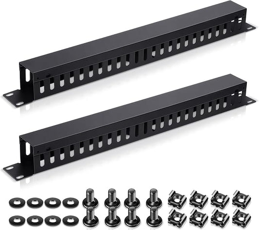 Leinuosen 2 Pack 1U 19'' Cable Manager 24 Slot Horizontal Rack Mount Wire Management Server Rack Cable Management Metal Finger Duct Wire Organizer with Cover and Mounting Screws for Network Cabinet