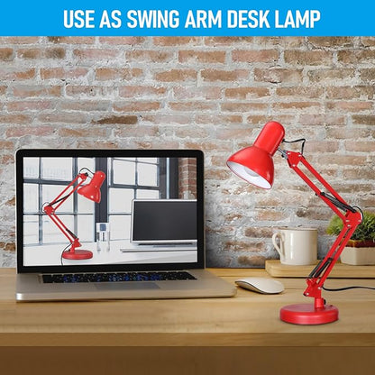 TORCHSTAR Metal Desk Lamp, Adjustable Swing Arm, E26, Red | Architect Gooseneck Multi-Joint Clip Table Lamp with Plastic Clamp, for Home Office, Work, Study, Reading, Bulbs not Included