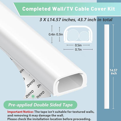 ZhiYo Wire Covers for 2 Cords, 43.7in Cord Hider on Wall Mounted, White Cord Cover Kit, Cable Cover Cable Concealer for Extension Cord, Ethernet Cable, Speaker Wire, 0.7in(W) x 0.4in(H)