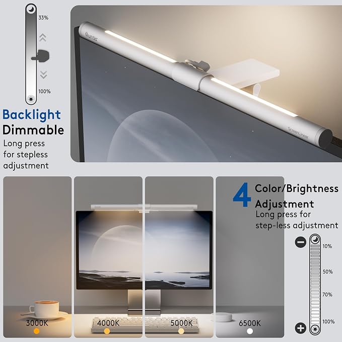 Quntis Monitor Light Bar with Remote, Eye-Care No Glare, Space Saving Home Office Desk Lamp, White, Stepless Dimming, Easy Setup LED Computer Light Backlight for Curved Gaming Monitors Reading Study