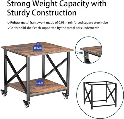 Printer Stand, 23.6 x 23.6 Inches Large Printer Stand with Storage Shelf, 2 Tier Printer Table for Home Office, Rolling Printer Cart with Industrial Wheels, Mini Fridge Stand Table, Vintage Brown