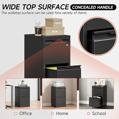2 Drawer File Cabinet with Lock,Black Metal Filing Cabinets,Steel Vertical Fit Hanging Files, Letter,File Box and A4 Documents-Assembly Require