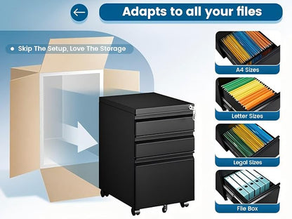 PEUKC 3 Drawers Mobile File Cabinet with Lock, Under Desk Rolling File Cabinet for Home Office, Organizes Letter Legal A4 Files, Black(Pre-Assembled)