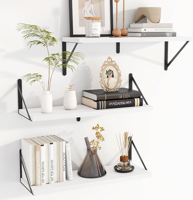 Heimlove Floating Book Shelves for Wall,23.6 Inches Wall Bookshelf Mounted Display&Storage Wood Shelves for Kitchen Bathroom Laundry Living Room,Set of 3,White